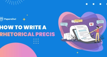 Illustration explaining how to write a rhetorical précis, with a student analyzing a text document