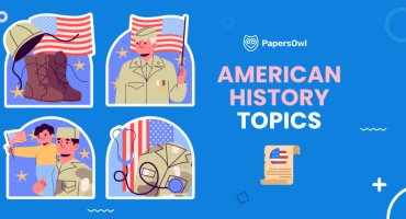 Infographic illustrating American history topics, with images related to war, military, and U.S. symbols