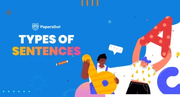 Illustration explaining types of sentences with colorful text and characters