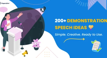 Banner with speaker, “220+ Demonstration Speech Ideas” title, and checklist icon.