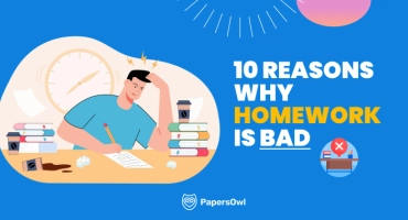 Student frustrated with homework surrounded by books and clock, showing reasons why homework is bad