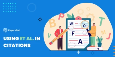 Illustration of two people analyzing a document with letters and magnifying glass, symbolizing how to use et al. in citations for academic writing.