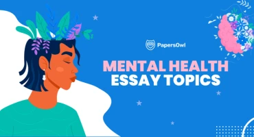Person with flowers and brain graphic on her head, representing mental health essay topics