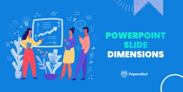 PowerPoint slide dimensions infographic showing people discussing presentation layout – PapersOwl