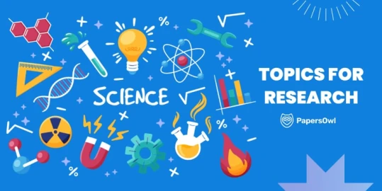 Science-related icons and symbols representing research topics