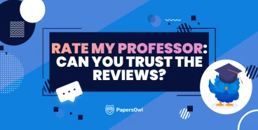 A blue owl wearing a graduation cap next to a speech bubble asking: Rate My Professor: Can you trust the reviews?
