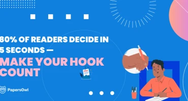 Illustration showing a student writing at a desk with the text '80% of readers decide in 5 seconds — Make Your Hook Count' emphasizing the importance of strong essay introductions.