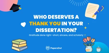 Illustration of books, paper and pen, flowers, and graduation cap with text about writing dissertation acknowledgements