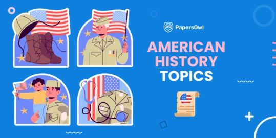 Infographic illustrating American history topics, with images related to war, military, and U.S. symbols