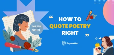 Illustration with woman, Shakespeare, and poetry elements around the phrase “How to Quote Poetry Right” for MLA-style essay tips