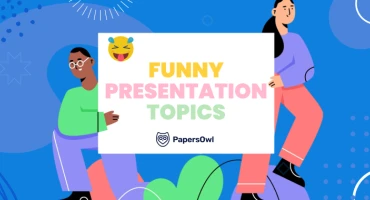 Creative and humorous presentation topics illustrated by students.
