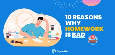 Student frustrated with homework surrounded by books and clock, showing reasons why homework is bad