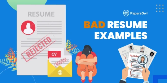 Illustration showing bad resume examples with a rejected CV, a discouraged job seeker, and a magnifying glass highlighting common resume mistakes like poor layout and cliché phrases on a blue background.