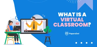 Illustration of a student and teacher interacting online with text "What is a Virtual Classroom?" — concept of virtual classroom learning by PapersOwl.