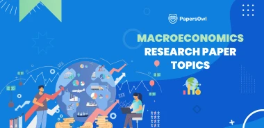 Students analyzing macroeconomics research topics with graphs and financial symbols.