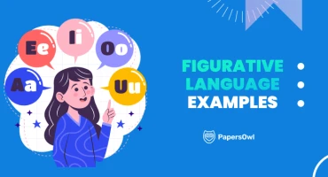 An educational illustration showing a girl thinking about vowels (A, E, I, O, U) with the text 'Figurative Language Examples,' representing literary devices and English grammar concepts.