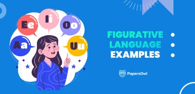 An educational illustration showing a girl thinking about vowels (A, E, I, O, U) with the text 'Figurative Language Examples,' representing literary devices and English grammar concepts.