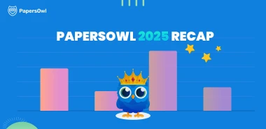 Digital illustration for PapersOwl 2025 Recap featuring a blue owl mascot with a gold crown standing against a background of rising bar charts