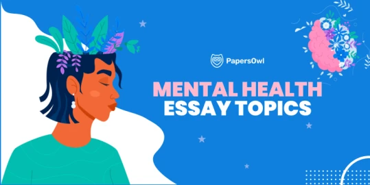 Person with flowers and brain graphic on her head, representing mental health essay topics