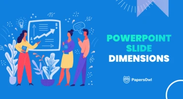 PowerPoint slide dimensions infographic showing people discussing presentation layout – PapersOwl