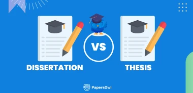 Comparison of dissertation and thesis, featuring two academic papers with caps and pencils