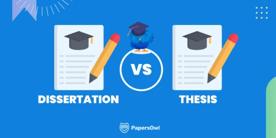 Comparison of dissertation and thesis, featuring two academic papers with caps and pencils