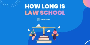 Graphic illustration of a man and a woman on scales balanced by books with the text "How long is law school"