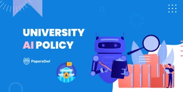 A modern blue banner for "University AI Policy" featuring a robot illustration, a magnifying glass, and document folders. Includes the PapersOwl logo and a shield icon representing academic security and institutional standards for artificial intelligence.