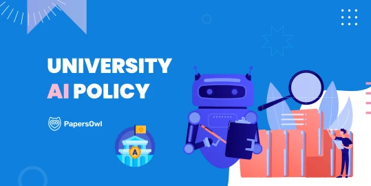 A modern blue banner for "University AI Policy" featuring a robot illustration, a magnifying glass, and document folders. Includes the PapersOwl logo and a shield icon representing academic security and institutional standards for artificial intelligence.