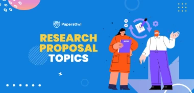 Research proposal topics banner with two students holding documents, PapersOwl branding on a blue background.