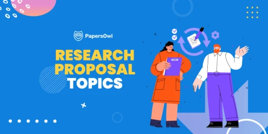 Research proposal topics banner with two students holding documents, PapersOwl branding on a blue background.