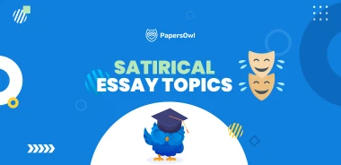 Infographic showcasing satirical essay topics with visual elements of humor and drama masks