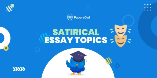 Infographic showcasing satirical essay topics with visual elements of humor and drama masks