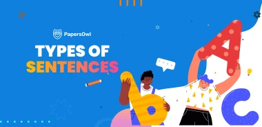 Illustration explaining types of sentences with colorful text and characters