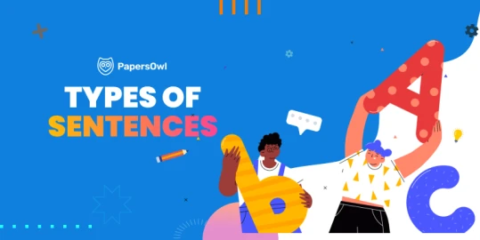 Illustration explaining types of sentences with colorful text and characters