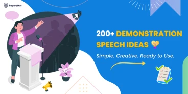 Banner with speaker, “220+ Demonstration Speech Ideas” title, and checklist icon.