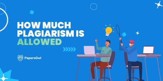 Illustrative banner for an article about plagiarism limits featuring characters at desks with a 'stealing ideas' concept.