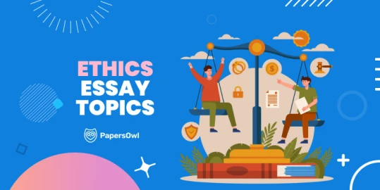 Two people discussing ethical issues with a scale and dollar sign symbols in the background.