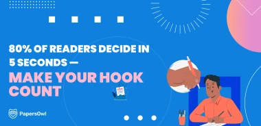 Illustration showing a student writing at a desk with the text '80% of readers decide in 5 seconds — Make Your Hook Count' emphasizing the importance of strong essay introductions.