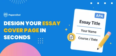 Banner with the text “Design Your Essay Cover Page in Seconds” and APA title page mockup with pencil and PapersOwl logo