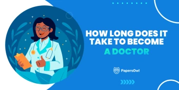Illustrated doctor holding a clipboard with the text “How long does it take to become a doctor” on a blue PapersOwl banner