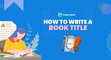 A person writing a book title with examples and creative elements.