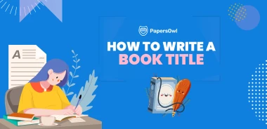 A person writing a book title with examples and creative elements.