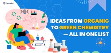 Banner showing a student with chemistry tools and the text 'Ideas from Organic to Green Chemistry — All in One List'