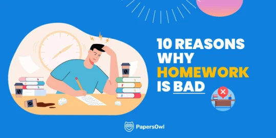 Student frustrated with homework surrounded by books and clock, showing reasons why homework is bad