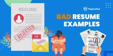 Illustration showing bad resume examples with a rejected CV, a discouraged job seeker, and a magnifying glass highlighting common resume mistakes like poor layout and cliché phrases on a blue background.