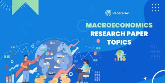 Students analyzing macroeconomics research topics with graphs and financial symbols.