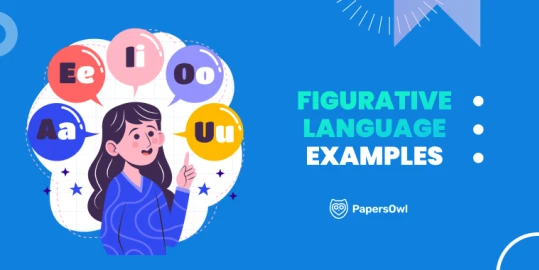 An educational illustration showing a girl thinking about vowels (A, E, I, O, U) with the text 'Figurative Language Examples,' representing literary devices and English grammar concepts.