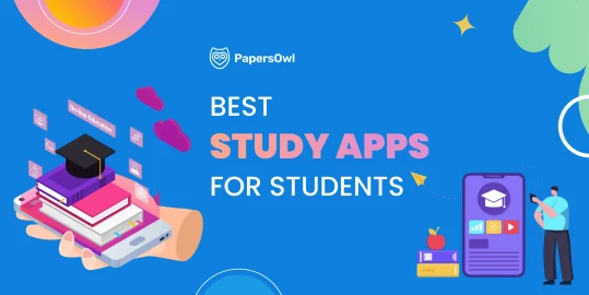 Best study apps for students infographic featuring academic icons, mobile learning tools, and PapersOwl branding.