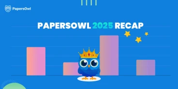 Digital illustration for PapersOwl 2025 Recap featuring a blue owl mascot with a gold crown standing against a background of rising bar charts